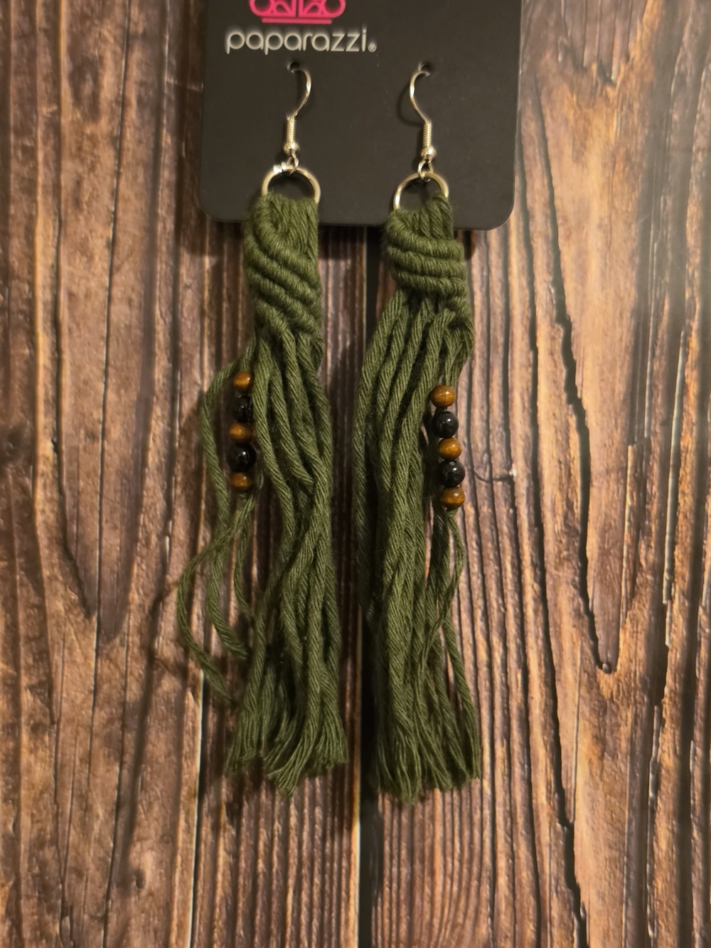 paparazzi Olive Green Tassel Earrings with Black and Brown Beads